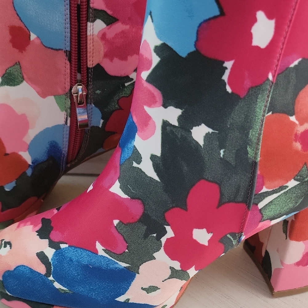 Colorful Floral Ankle Booties Chunky Heel - Picture 9 of 10